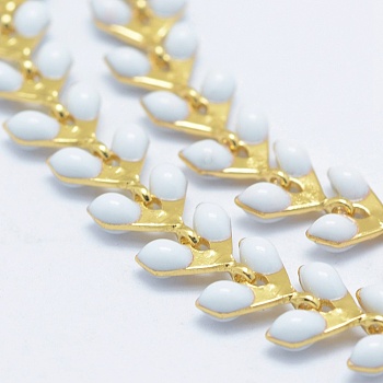 Brass Handmade Chains, Unwelded, with Enameled Cobs, Long-Lasting Plated, Leaf, Real 18K Gold Plated, White, 6.5x6x0.5mm