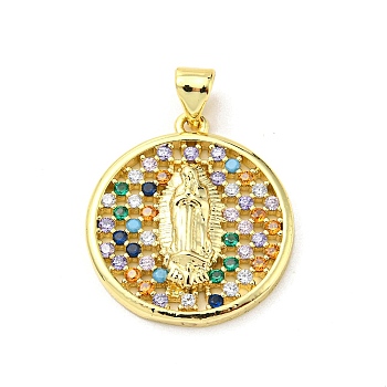 Brass with Cubic Zirconia Pendant, Round, Colorful, 22x20x3.4mm, Hole: 5x3.5mm