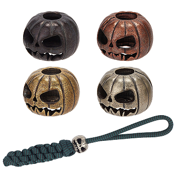 4Pcs 4 Colors Brass EDC European Beads, Parachute String Beads, Large Hole Beads, for Knife Lanyard Keychain Bracelet, Pumpkin Skull, Mixed Color, 17x13mm, Hole: 5.7~10mm, 1pc/color