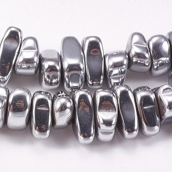 Electroplated Non-magnetic Synthetic Hematite Beads Strands, Nuggets, Platinum Plated, 4~6x5~12x3mm, Hole: 0.7mm, about 100pcs/strand, 15.7 inch(40cm)