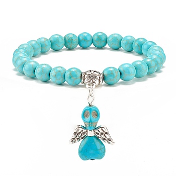 Synthetic Turquoise(Dyed) Beaded Stretch Bracelet with Skull Charm, Gemstone Jewelry for Women, Turquoise(Dyed), Inner Diameter: 2-1/8 inch(5.4cm)