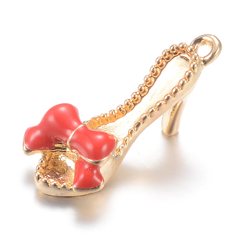 Alloy Enamel Pendants, High-heeled Shoes, Light Gold, Orange Red, 21.5x10x10mm, Hole: 1.5mm