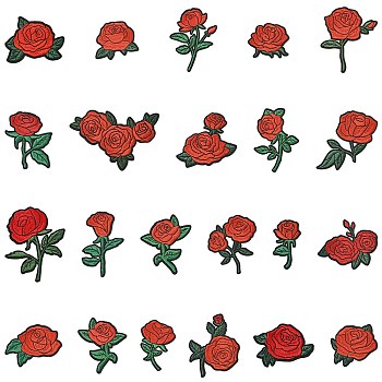 22Pcs Rose Flower Polyester Computerized Embroidery Cloth Iron on Sew on Patches, Appliques, Red, 52~83x30~96x2mm