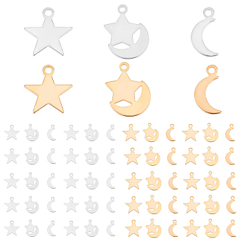 PandaHall Elite 60Pcs 3 Style Moon & Star Brass Charms, Long-Lasting Plated, Real 24K Gold Plated & 925 Sterling Silver Plated, Mixed Color, 20pcs/style