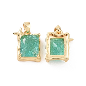 Brass Charms, with Crackle Glass, Rectangle with Star, Medium Aquamarine, Real 18K Gold Plated, 14x12x6mm, Hole: 2.5x4mm