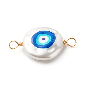 3D Printed ABS Plastic Imitation Pearl Links Connectors, with Eco-Friendly Copper Wire, Flat Round with Evil Eye, White, Real 18K Gold Plated, 30x18x5mm, Hole: 3mm