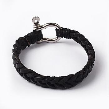 Leather Cord Bracelets, with Alloy Findings, Black, 215x10mm