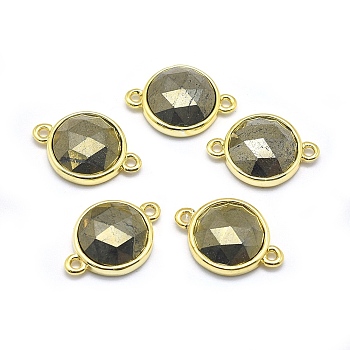 Natural Pyrite Links connectors, with Golden Tone Brass Findings, Flat Round, Faceted, 11.5x17x4.5mm, Hole: 1.2mm