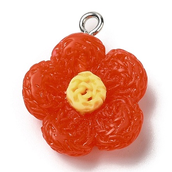 Opaque Resin Pendants, Flower Charms with Platinum Plated Iron Loops, Red, 20x18x6mm, Hole: 2mm