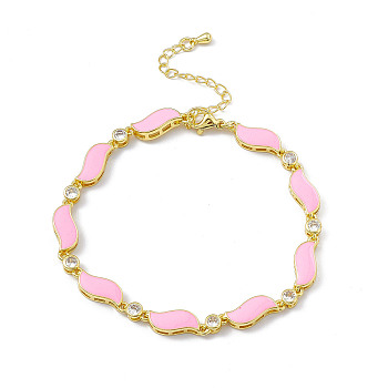 Brass Micro Pave Cubic Zirconia Chain Bracelets, Enamel Style Pink Wave Link Chain Bracelet for Women, with Chain Extender & Lobster Claw Clasp, Golden, 7-1/2 inch(19cm)