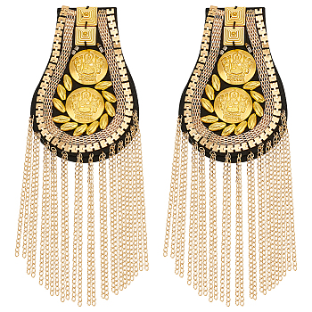 2Pcs Tassel Epaulettes, Detachable Rivet Shoulder Badge, with Iron Chains & Pin, Wool Findings, Golden, 180x62x5~15mm