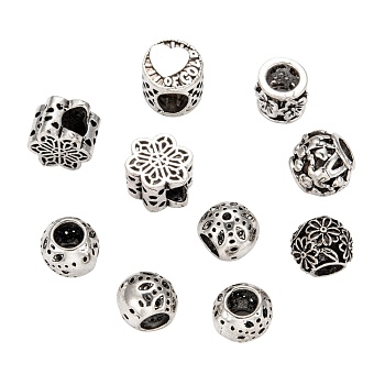 Alloy European Beads, Large Hole Beads, Mixed Shape, Antique Silver, 9~12x9~13x8~11mm, Hole: 4~5mm
