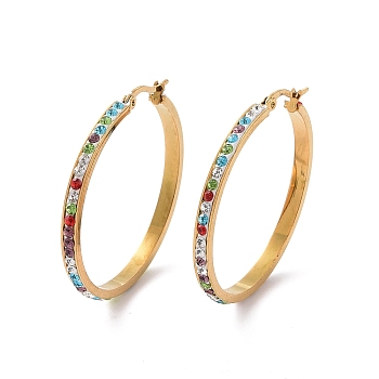 304 Stainless Steel Hoop Earrings, with Polymer Clay and Rhinestone, Ring, Golden, Colorful, 40x39x3.5mm
