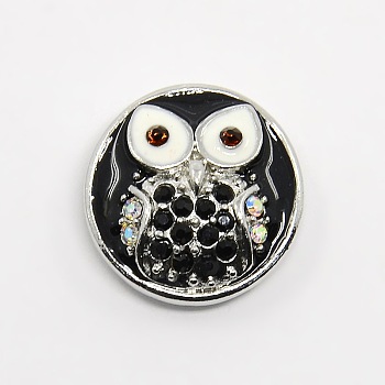 Nickel Free & Lead Free Zinc Alloy Rhinestone Enamel Jewelry Snap Buttons, Grade A, Flat Round with Owl Pattern, Jet, 19.5~21x8mm, knob: 5mm