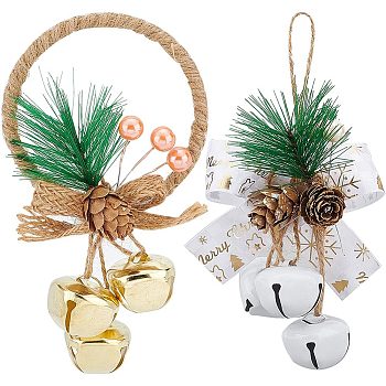 2Pcs 2 Styles Christmas Bell Pendant Decorations, with Jute Rope/Ring, for Christmas Tree Hanging Decoration Bow Bell, Mixed Color, 150~155x80x30~32mm, 1pc/style