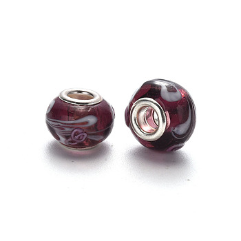 Handmade Lampwork European Beads, Large Hole Rondelle Beads, with Platinum Tone Brass Double Cores, Coconut Brown, 14~15x9~10mm, Hole: 5mm
