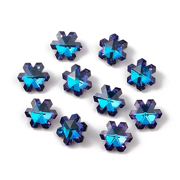 Electroplate Transparent Glass Pendants, Back Plated, Faceted, Snowflake Charms, Blue, 20x17.5x9mm, Hole: 1.2~1.4mm