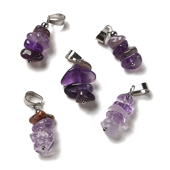 Natural Amethyst Chip Pendants, Lucky Charms with Stainless Steel Color Plated Stainless Steel Snap on Bails, 24~27x11~14x7~10mm, Hole: 7x4mm