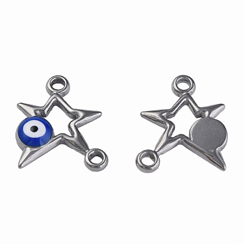 304 Stainless Steel Enamel Connector Charms, Stainless Steel Color, Star with Evil Eye, Dark Blue, 16x13.5x3mm, Hole: 1.6mm