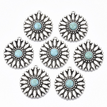 Tibetan Style Alloy Pendants, with Synthetic Turquoise, Cadmium Free & Lead Free, Flower, Antique Silver, 34x30x6mm, Hole: 1.8mm