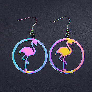 201 Stainless Steel Dangle Earrings, Ring with Flamingo, Rainbow Color, 66x40mm, Pin: 0.7mm