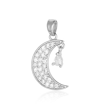 Brass Micro Pave Clear Cubic Zirconia Pendants, Moon Charms, Platinum, 20x12x1.8mm