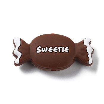 Candy with Word Sweetie Food Grade Silicone Focal Beads, Chewing Beads For Teethers, DIY Nursing Necklaces Making, Coconut Brown, 39x18x9mm, Hole: 3mm