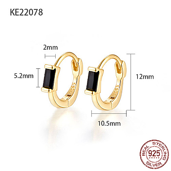 925 Sterling Silver Pave Cubic Zirconia Rectangle Hoop Earrings for Women, with 925 Stamp, Real 18K Gold Plated, Black, 12x2x10.5mm