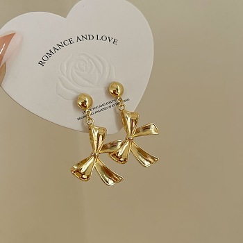 Retro Bowknot Brass Stud Dangle SEarrings for Womenes, Golden