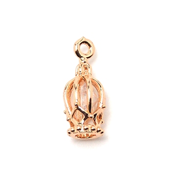 Brass Micro Pave Clear Cubic Zirconia Pendants, Long-Lasting Plated, Cage, Real 14K Gold Plated, 15.5x6.5mm, Hole: 1.4mm