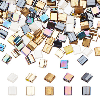 500Pcs 5 Style 2-Hole Opaque/Electroplate Glass Seed Beads, Lustered, Rectangle, Mixed Color, 5x4.5~5.5x2~2.5mm, Hole: 0.5~0.8mm, 100pcs/style