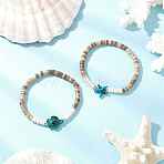 Sea Turtles and Starfish Coconut Beads Bracelets, with Brass Spacer Beads & Dyed Synthetic Turquoise Beads, Green, Inner Diameter: 2-1/8 inch(5.5cm), 2Pcs/Set(BJEW-JB11882-01)