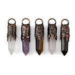 Natural Mixed Stone Big Pendants, Faceted Pointed Bullet Shaped Charms with Claw Brass Settings, Red Copper, 52x13mm, Hole: 7x8.5mm(G-D102-05R)