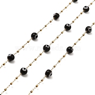 Evil Eye Lampwork Beaded Link Chains, with Golden 304 Stainless Steel Paperclip Chains, Soldered, with Spool, Black, 6mm, 2mm, about 32.81 Feet(10m)/Roll(CHS-G028-04G-09)