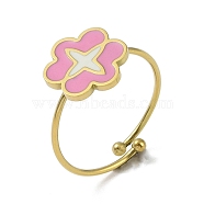 Flower 304 Stainless Steel Enamel Ring, 316 Surgical Stainless Steel Open Cuff Ring for Women, Real 18K Gold Plated, Pearl Pink, Adjustable(RJEW-A038-18G-01)