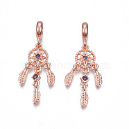 Rack Plating Alloy European Dangle Charms, with Tanzanite Rhinestone, Large Hole Beads, Cadmium Free & Lead Free, Woven Net/Web with Feather, Rose Gold, 43mm, Hole: 4.5mm, Feather: 11x3.5x1.5mm(MPDL-N039-214RG)