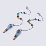 Chakra Jewelry, Natural Gemstone Hexagonal Pointed Dowsing Pendulums, with Brass Chains, Platinum, 240~245mm, Hole: 1.6mm, Bead: 6~8mm, Pendant: 14x44mm(G-K272-D01)