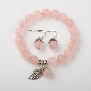 Natural Rose Quartz Jewelry Sets, Bracelets & Earrings, with Brass Spacer Beads and Brass Hooks, 2 inch(5.2cm),  27mm(SJEW-JS00696-02)