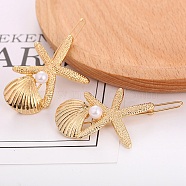 Shell & Starfish Alloy Hair Barrettes, Frog Buckle Hairpin for Women Girls, with Plastic Imitation Pearl, Golden, 55~56mm(AJEW-A056-03C-G)