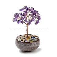 Natural Amethyst Chips Tree Decorations, Ceramic Bowl Base Copper Wire Feng Shui Energy Stone Gift for Home Desktop Decoration, 67~70x110~115mm(DJEW-M012-02E)