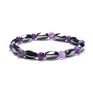 Round Natural Amethyst Stretch Bracelets, with Non-Magnetic Synthetic Hematite Beads and Elastic Cord, 50mm(BJEW-G072-10)