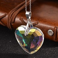 AB Color Plated Glass Heart Pendants, with Brass Finding, Platinum, Clear AB, 32x33x13mm, Hole: 4x7mm(PALLOY-JF00133)