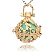 Golden Tone Brass Hollow Round Cage Pendants, with No Hole Spray Painted Brass Round Ball Beads, Medium Turquoise, 36x25x21mm, Hole: 3x8mm(KK-J227-04G)