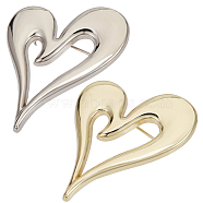 4Pcs 2 Colors Alloy Heart Brooch Pin, Badge for Backpack Clothes, Platinum & Light Gold, 40x31x7mm, Pin: 0.7mm, 2pcs/color(JEWB-CP0001-11)