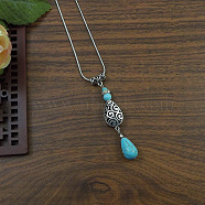 Exotic Ethnic Style Miao Silver & Synthetic Turquoise Drop Pendant Necklaces, Antique Silver, Teardrop(NL3465-6)