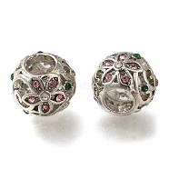 Rack Plating Alloy Rhinestone European Beads, Large Hole Beads, Rondelle with Flower, Platinum, 11~11.5x9mm, Hole: 5mm(PALLOY-A009-27P)