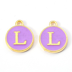 Golden Plated Alloy Enamel Charms, Enamelled Sequins, Flat Round with Letter, Medium Purple, Letter.L, 14x12x2mm, Hole: 1.5mm(ENAM-S118-10L)