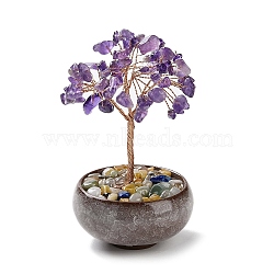 Natural Amethyst Chips Tree Decorations, Ceramic Bowl Base Copper Wire Feng Shui Energy Stone Gift for Home Desktop Decoration, 67~70x110~115mm(DJEW-M012-02E)