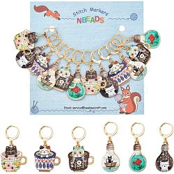 12Pcs 6 Colors Alloy Enamel Cat Charm Locking Stitch Markers, with 304 Stainless Steel Leverback Earring Findings & Jump Rings, Mixed Color, 40~45mm, Pin: 0.8mm, 2Pcs/style(HJEW-PH01531)