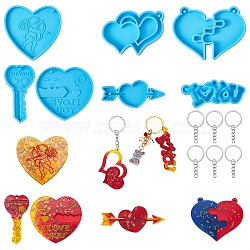 DIY Pendant Silicone Molds, Resin Casting Molds, For UV Resin, Epoxy Resin Jewelry Making, with 6Pcs Iron Split Key Rings and 6Pcs Iron Open Jump Rings, Heart & Word & Key, Deep Sky Blue, Molds: 67~78x31~70x6~9mm, Hole: 3mm(DIY-SZ0006-43)